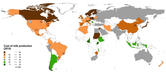 Figuur 1: Indicatieve kostprijzen in Amerikaanse dollars per 100 kg ECM (energy corrected milk) voor gemiddelde bedrijfsgroottes per regio. Figuur 1: Indicatieve kostprijzen in Amerikaanse dollars per 100 kg ECM (energy corrected milk) voor gemiddelde bedrijfsgroottes per regio.