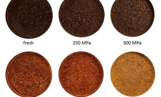Figuur: Gebakken Meelwormpasta is donkerbruin voor vers en 250-300 MPa behandeld, vergeleken met lichtbruin voor 400-500 MPa en blancheren. 