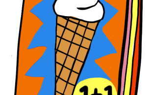 Een cartoon: ijsjes zijn in de aanbieding, één plus één gratis.