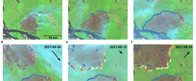 Twee branden die in de zomer van 2021 woedden langs de Lena-rivier, 350 kilometer ten noordwesten van Jakoetsk, Rusland. De panelen tonen met behulp van een Sentinel-2 satellietbeeld de voortgang van de brand. De bolletjes/lijnen laten zien waar de brand stopte. De kleuren geven aan welke factoren daaraan bijdroegen. Blauw geeft aan dat oppervlaktewater de brand heeft gestopt, rood een verandering in windrichting en windsnelheid, en oranje een verandering naar wisselvallig weer. Credit: Copernicus Sentinel-2-beeldmateriaal, met dank aan ESA.