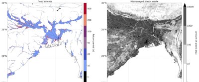 Een illustratie uit het onderzoek, met links overstromingsgebieden en rechts de hoeveelheid onverwerkt plastic in onder meer Bangladesh en India (rond de Ganges).