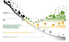 Zwart: De historische biodiversiteitsverliescurve vóór 2010. Groen: Verlies met inspanning door duurzamere productie en duurzamere consumptie Oranje: Verlies zonder duurzamere productie en consumptie Grijs: Verlies als we op huidige voet verder gaan De illustratie toont de belangrijkste bevindingen uit het Nature-artikel, maar geeft geen exacte resultaten weer. Zwart: De historische biodiversiteitsverliescurve vóór 2010. Groen: Verlies met inspanning door duurzamere productie en duurzamere consumptie Oranje: Verlies zonder duurzamere productie en consumptie Grijs: Verlies als we op huidige voet verder gaan De illustratie toont de belangrijkste bevindingen uit het Nature-artikel, maar geeft geen exacte resultaten weer.