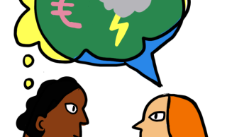 Een cartoon die twee mensen afbeeldt die hetzelfde denken over wat schaarste met mensen doet.