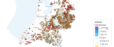 Figuur 1 – Grondwatertekorten in beeld (30 mei 2025). Deze kaart laat zien waar in Nederland het grondwater veel lager staat dan normaal voor de tijd van het jaar. In veel gebieden is sprake van ernstige of zelfs extreme droogte. Bron: Droogteportaal.nl.