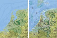 De kaart van Nederland in 2020 (links) en het toekomstbeeld van Nederland in 2120. (rechts) De kaart van Nederland in 2020 (links) en het toekomstbeeld van Nederland in 2120. (rechts)