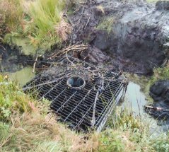 Een Mudmaster wordt met een kraan in de sloot geplaatst. Een Mudmaster wordt met een kraan in de sloot geplaatst.