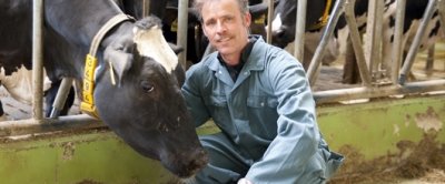 Onderzoeker Jan Dijkstra op een melkveehouderij