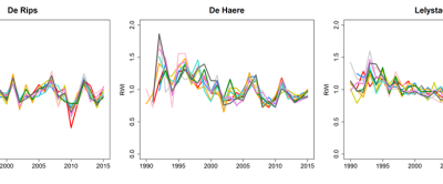 Herkomstchronologieën voor de 3 herkomstenproeven De Rips, De Haere, and Lelystad. In 2003 werd er geen duidelijk afname in groei gevonden terwijl in 2010 dit wel zo was vooral in De Rips and Lelystad