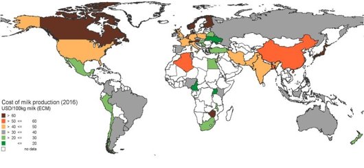Figuur 1: Kosten van melkproductie ($/100 kg melk) in 2016 voor melkveebedrijven van gemiddelde omvang in de betreffende landen. Figuur 1: Kosten van melkproductie ($/100 kg melk) in 2016 voor melkveebedrijven van gemiddelde omvang in de betreffende landen.