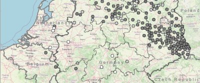 Kaart van wolventerritoriums in Nederland, Duitsland en België.